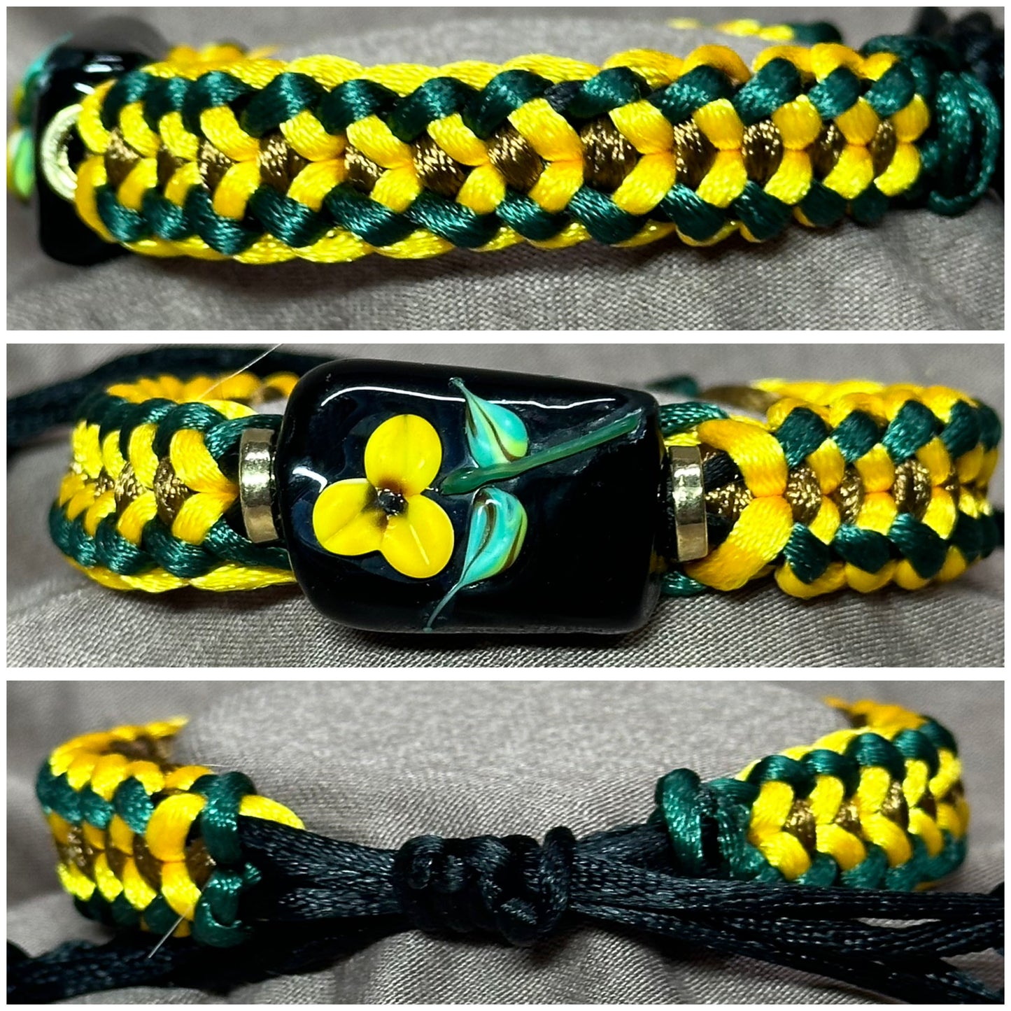 Yellow flower on green, yellow & tan cord - Dr. Jen Jitsu