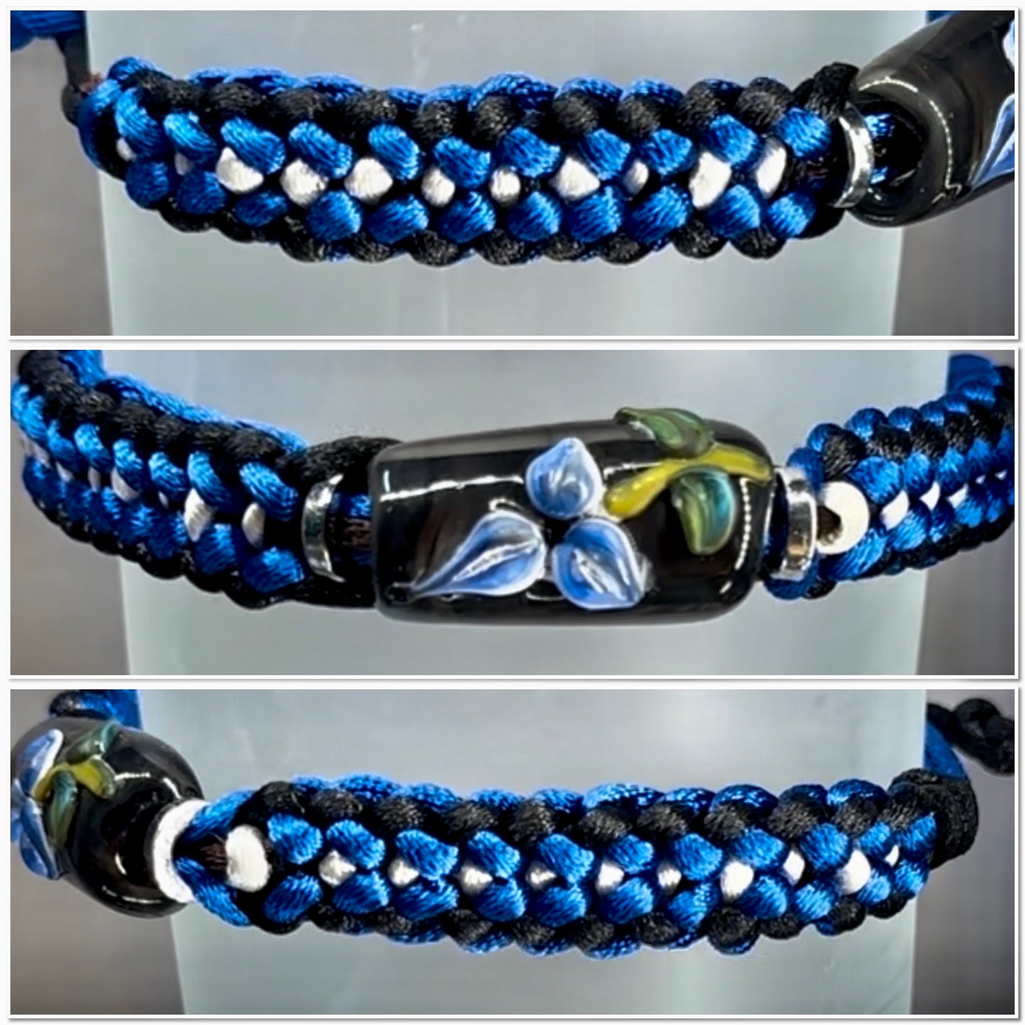 Blue flower on blue, white, & black cord - Dr. Jen Jitsu