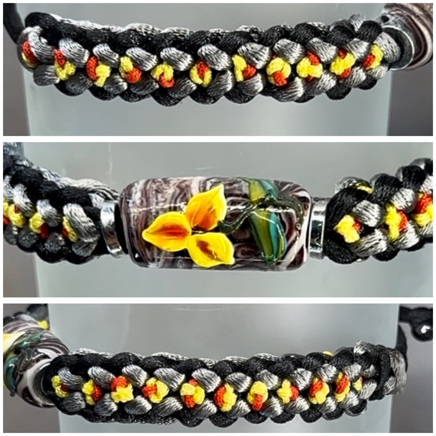 Yellow & red flower on yellow, red, gray & black cord - Dr. Jen Jitsu