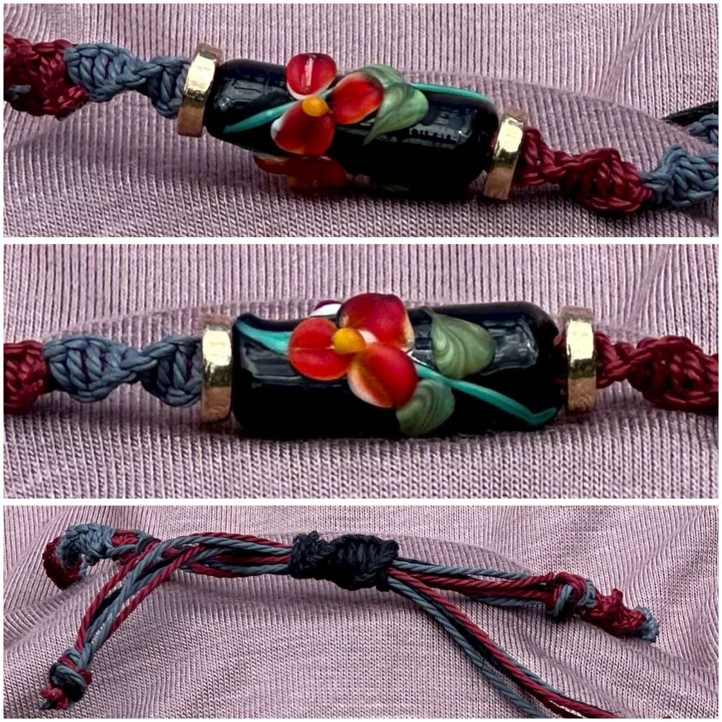 Red flower with maroon & gray cord - Dr. Jen Jitsu