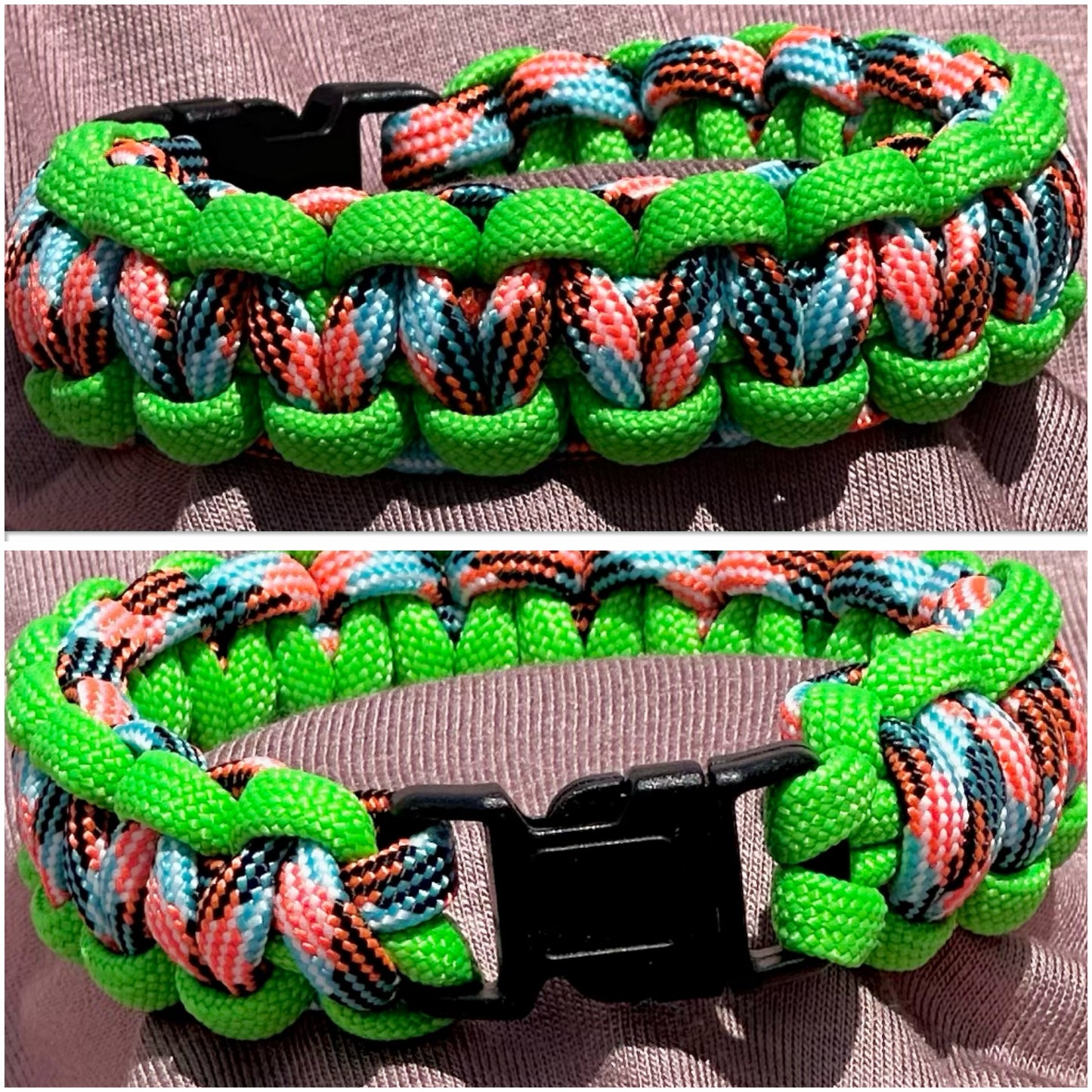Paracord Bracelet of Orange & Blue Neon with Green Cord - Dr. Jen Jitsu
