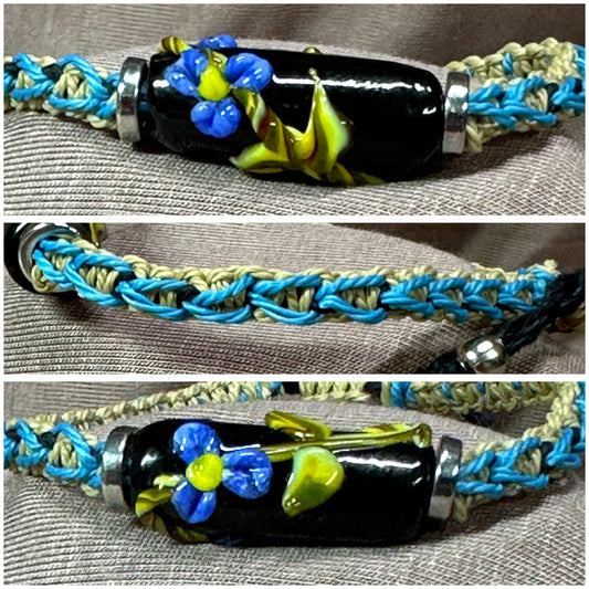 Blue flowers with a light brown & blue cord