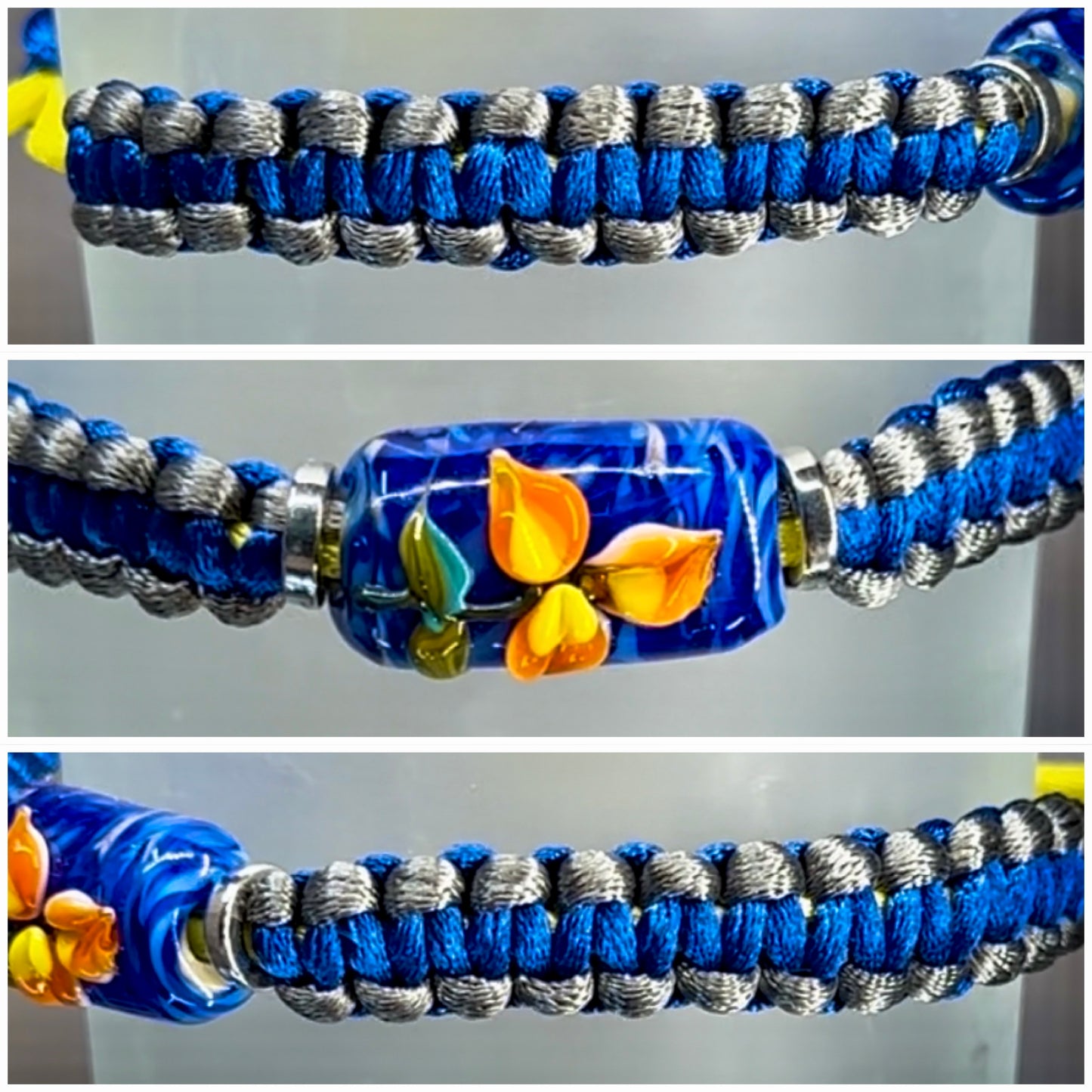 Orange & yellow flower on blue, gray & yellow cord