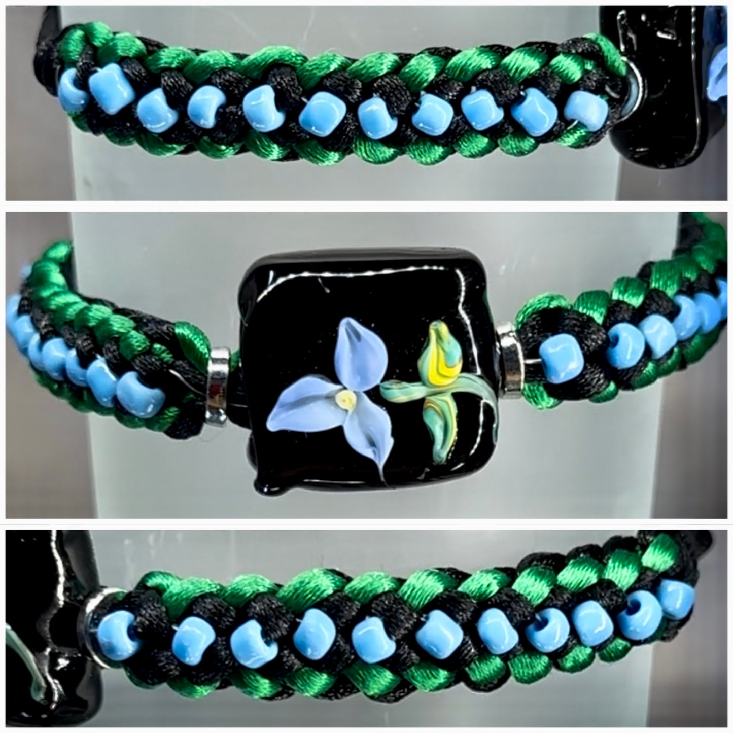 Blue flower on black and green cord with sky blue seed beads