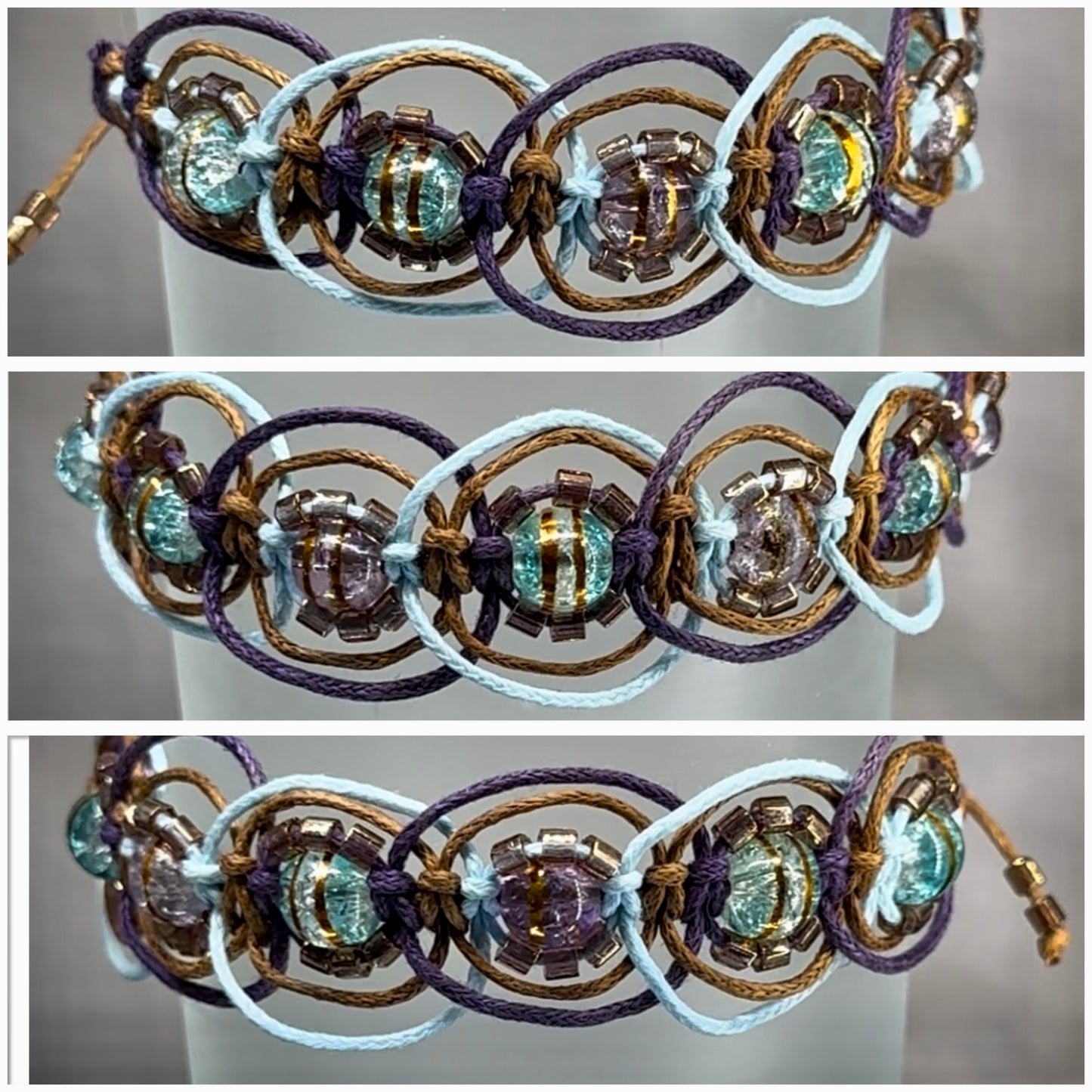 Woven bracelet featuring translucent teal and purple beads