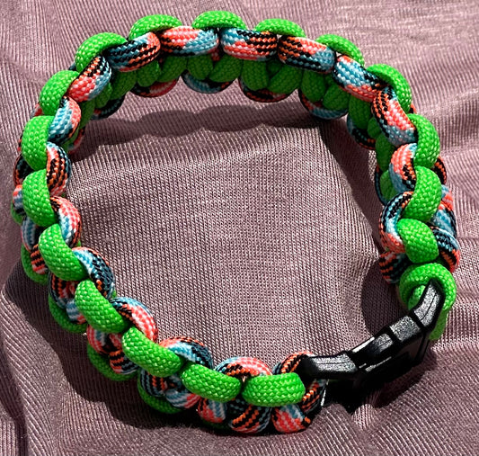 Paracord Bracelet of Orange & Blue Neon with Green Cord