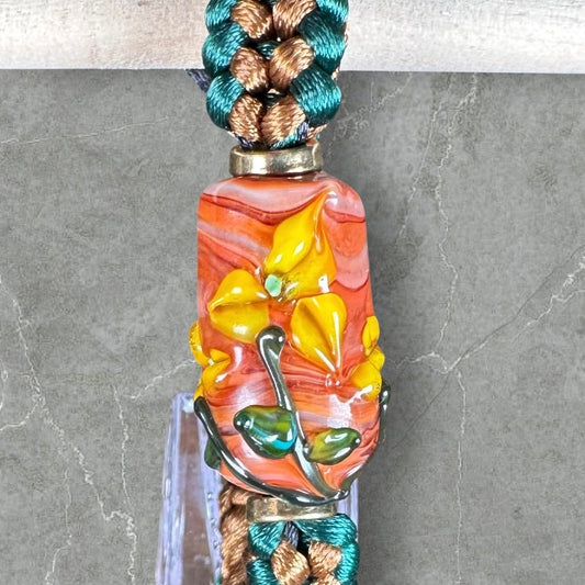 Yellow flowers on green & tan cord